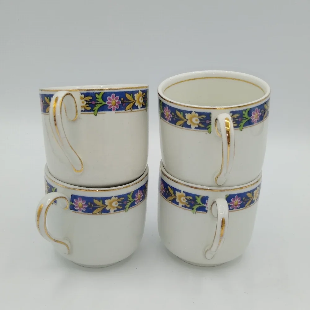Johnson Brothers Oakworth Demitasse Gilt Gold Floral Tea Cups Set 4 Antique Vtg